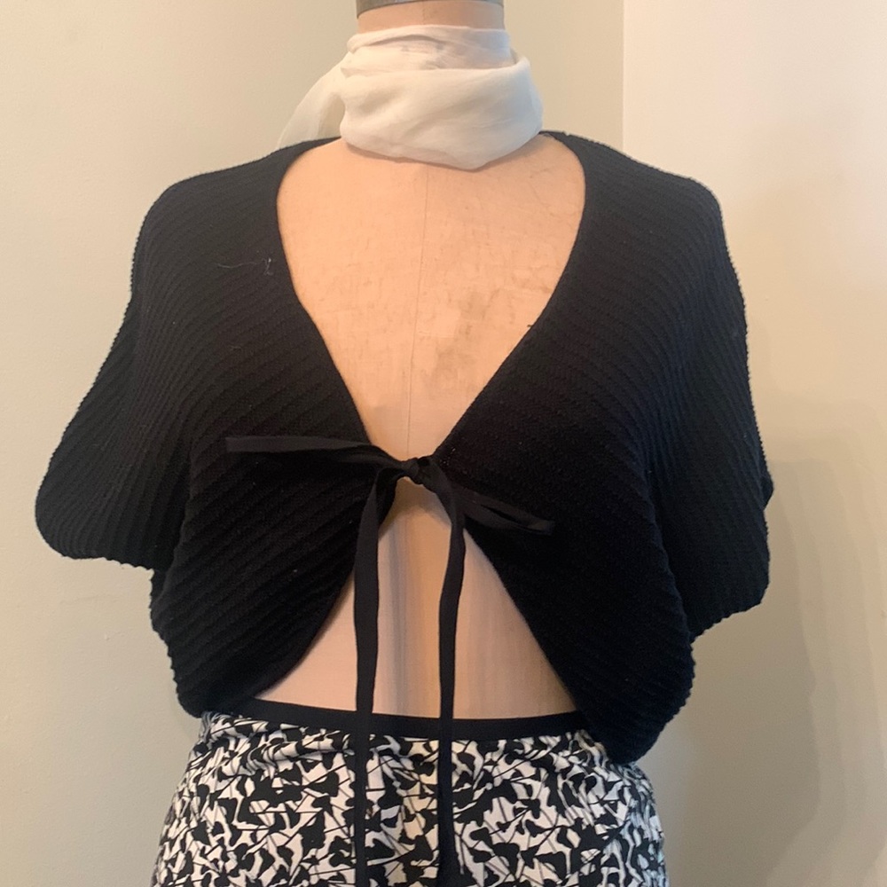 Eci black knit cardigan shell with front tie. Gently worn